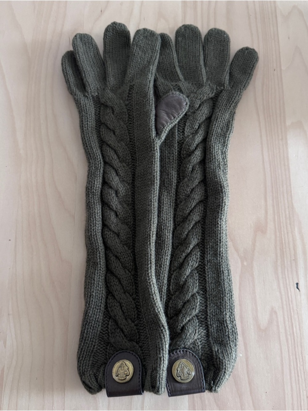 Gucci Olive Cable Knit Leather-Trim Long Gloves